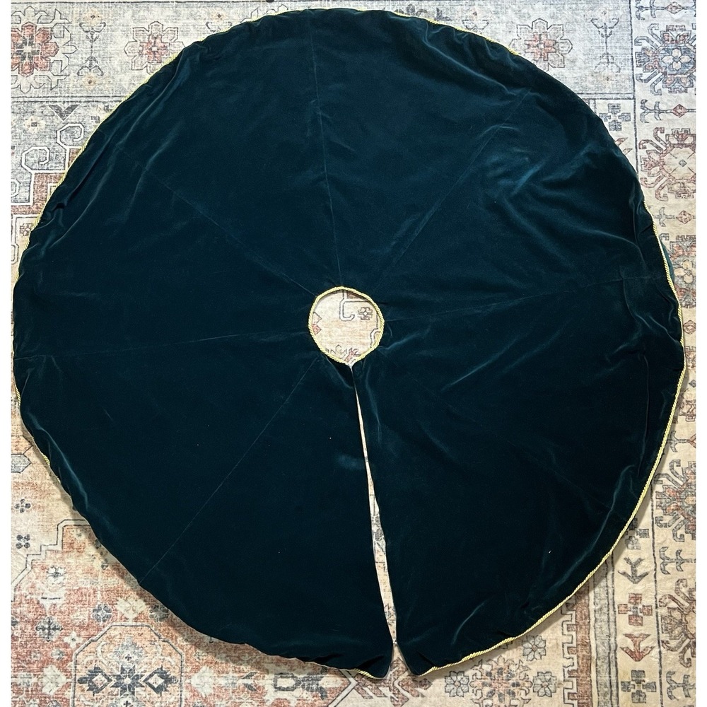Handmade Christmas Tree Skirt 48in Velvet Fabric Dark Blue Green Gold Trim